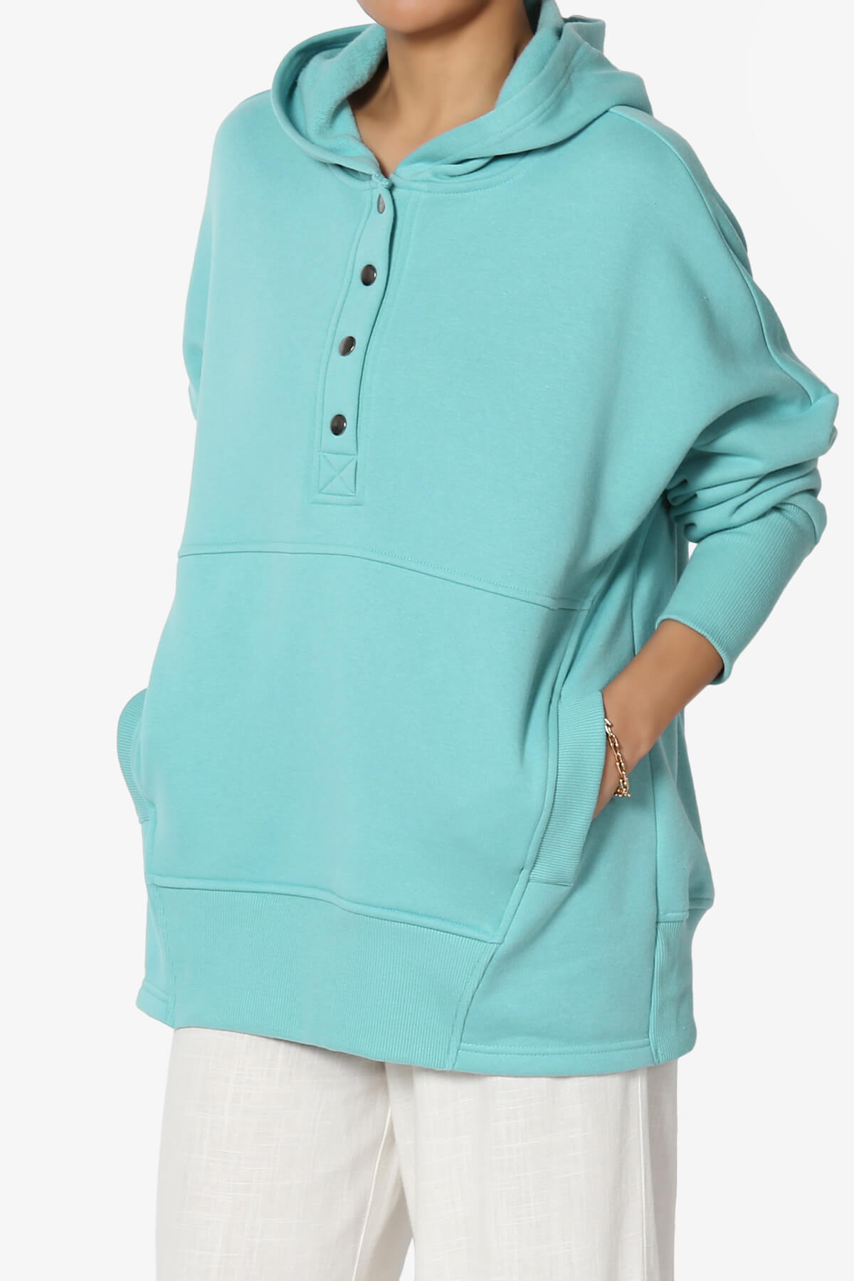 Destene Button V-Neck Hoodie DUSTY TEAL_3