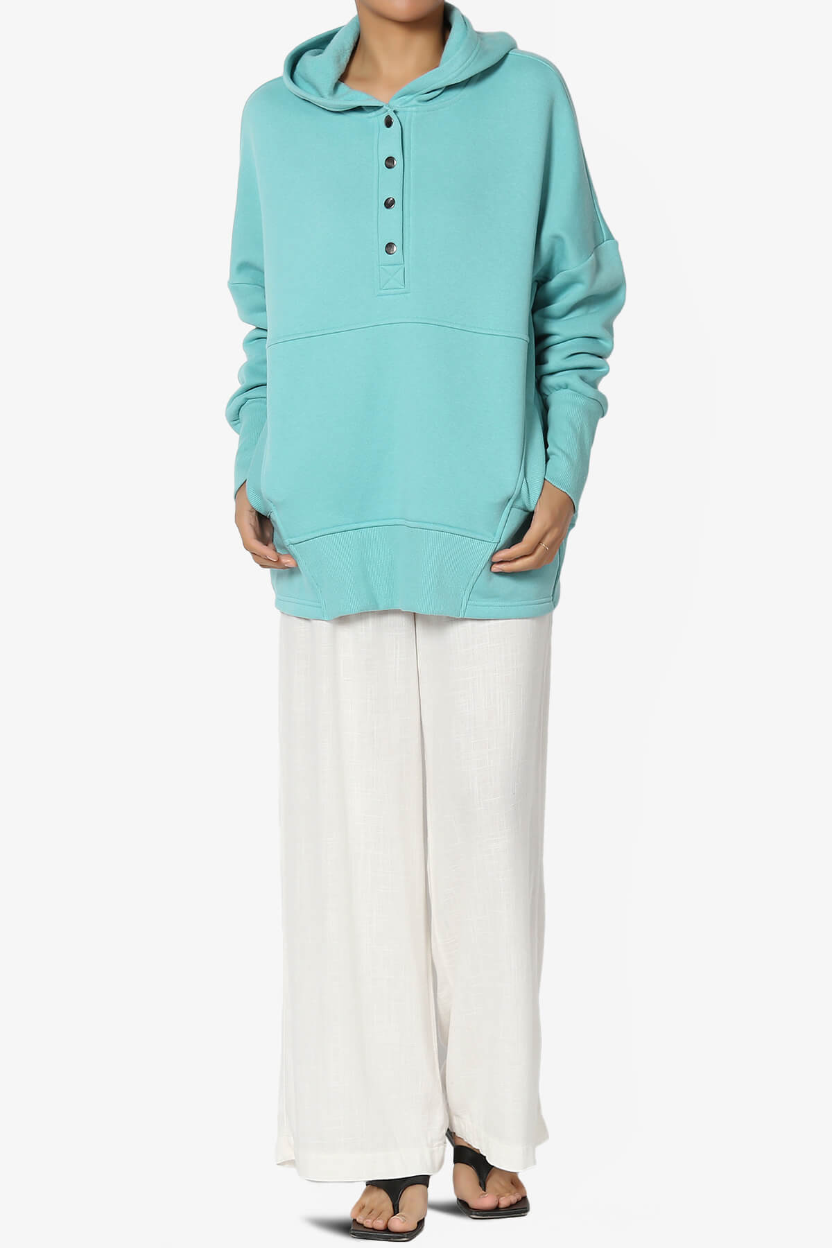 Destene Button V-Neck Hoodie DUSTY TEAL_6