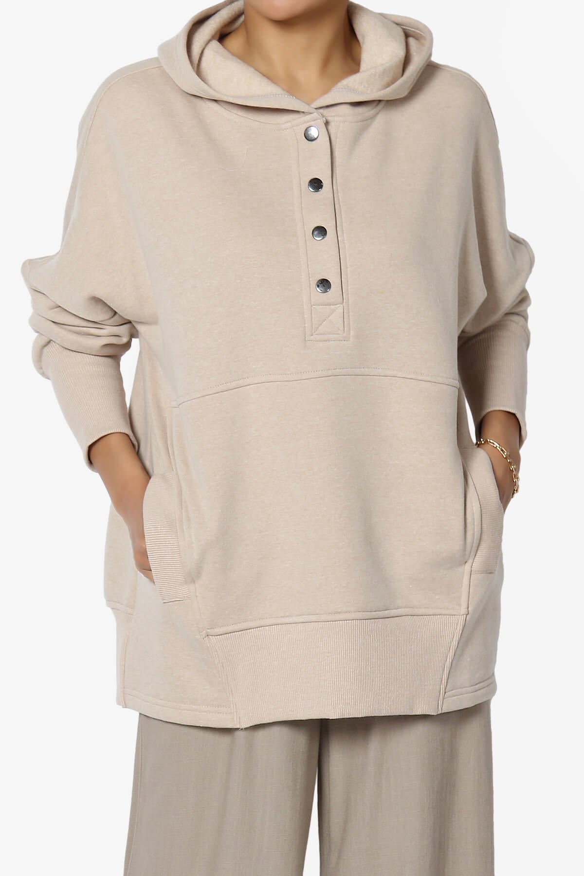 Destene Button V-Neck Hoodie HEATHER BEIGE_1