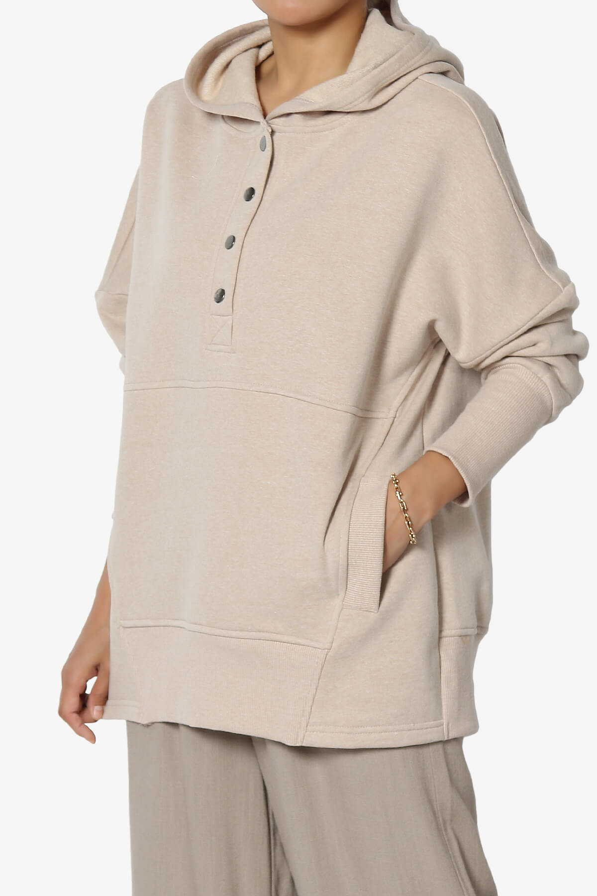 Destene Button V-Neck Hoodie HEATHER BEIGE_3