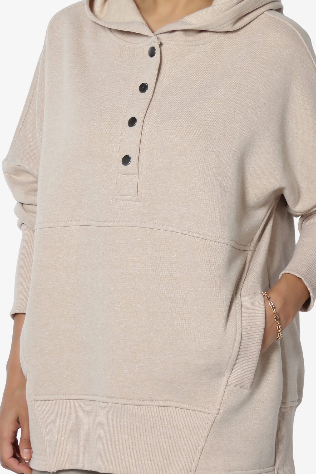 Destene Button V-Neck Hoodie HEATHER BEIGE_5
