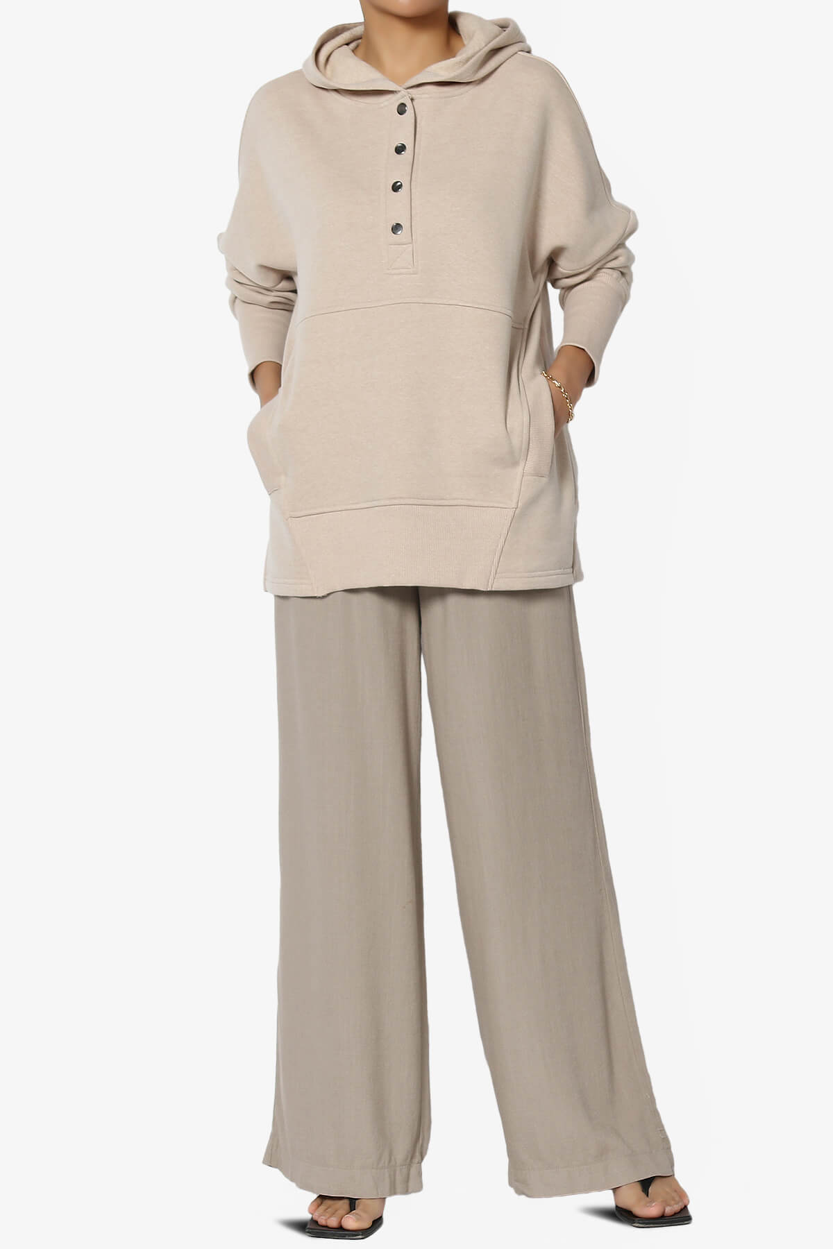 Destene Button V-Neck Hoodie HEATHER BEIGE_6