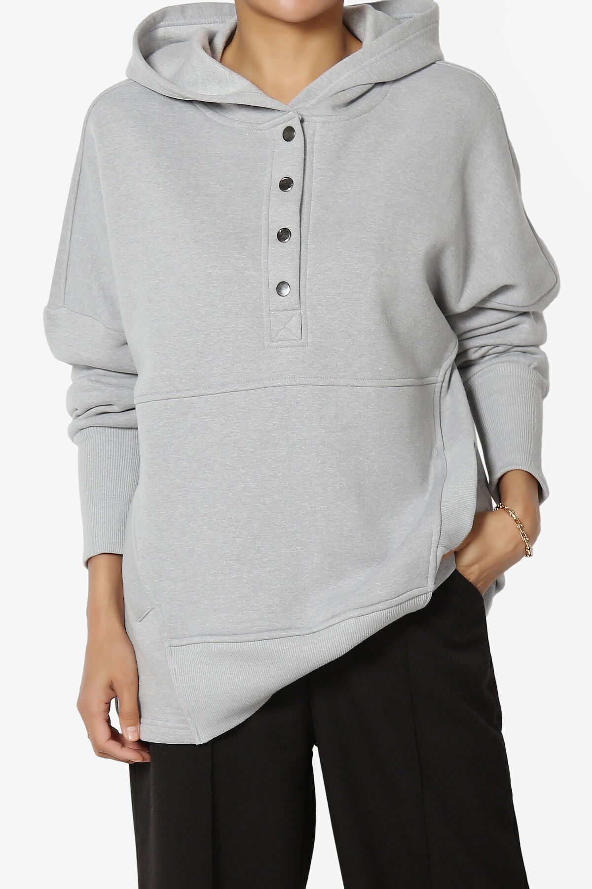 Destene Button V-Neck Hoodie HEATHER GREY_1