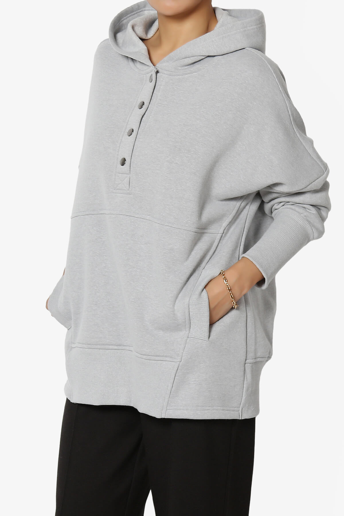 Destene Button V-Neck Hoodie HEATHER GREY_3