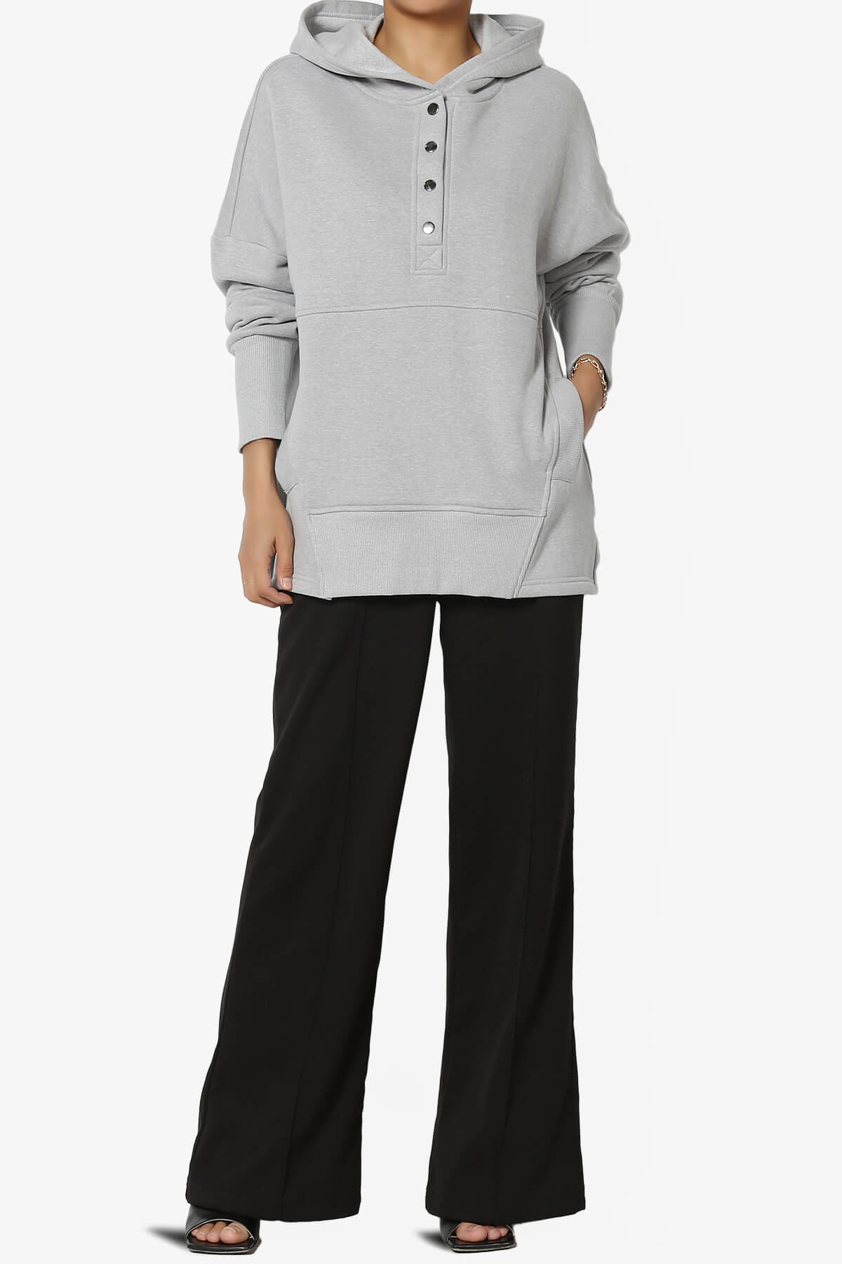 Destene Button V-Neck Hoodie HEATHER GREY_6