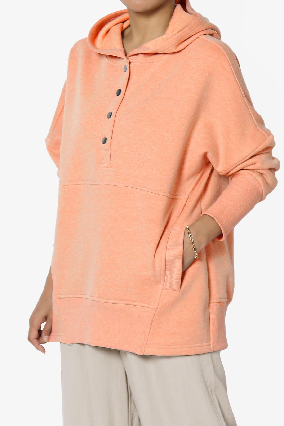 Destene Button V-Neck Hoodie H LT ORANGE_3