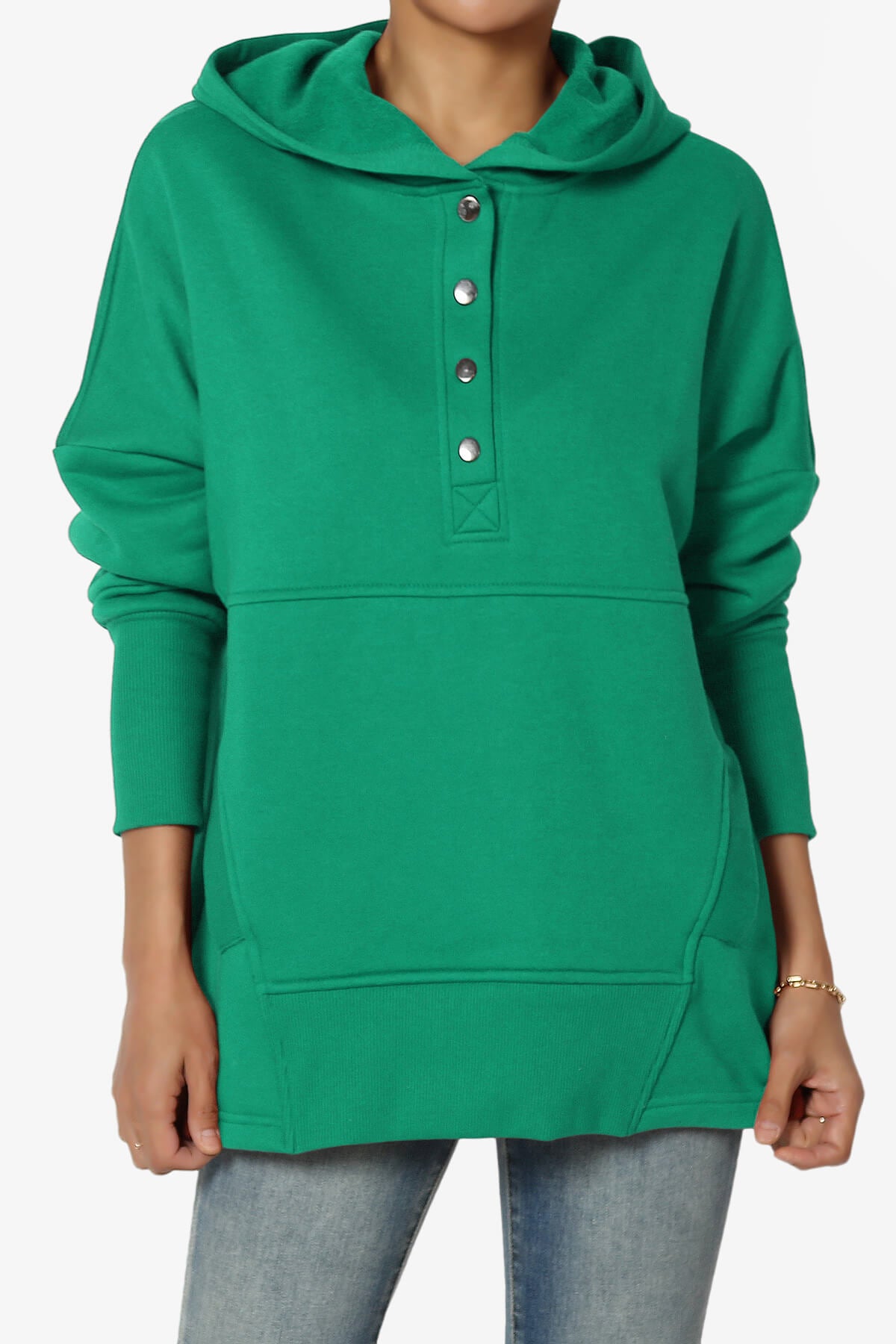 Destene Button V-Neck Hoodie KELLY GREEN_1