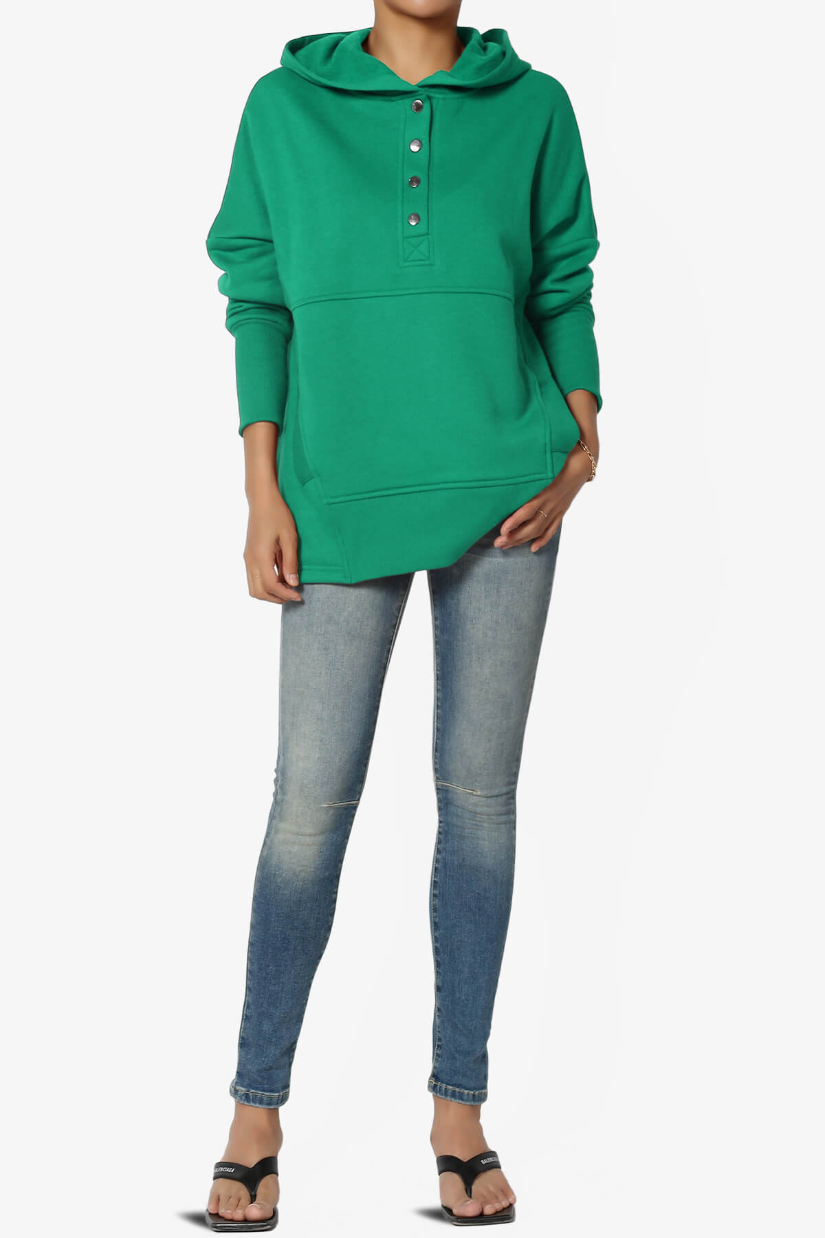 Destene Button V-Neck Hoodie KELLY GREEN_6
