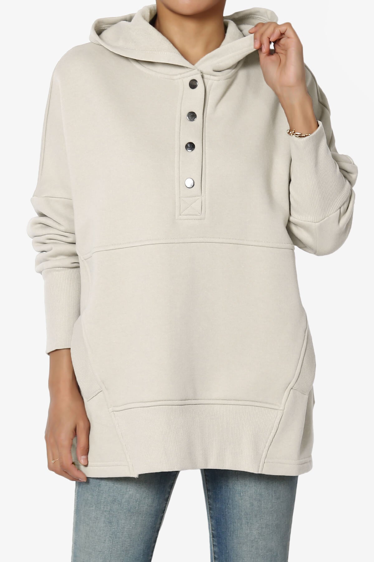 Destene Button V-Neck Hoodie SAND BEIGE_1