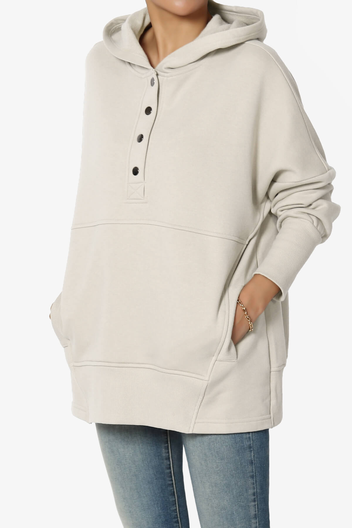 Destene Button V-Neck Hoodie SAND BEIGE_3