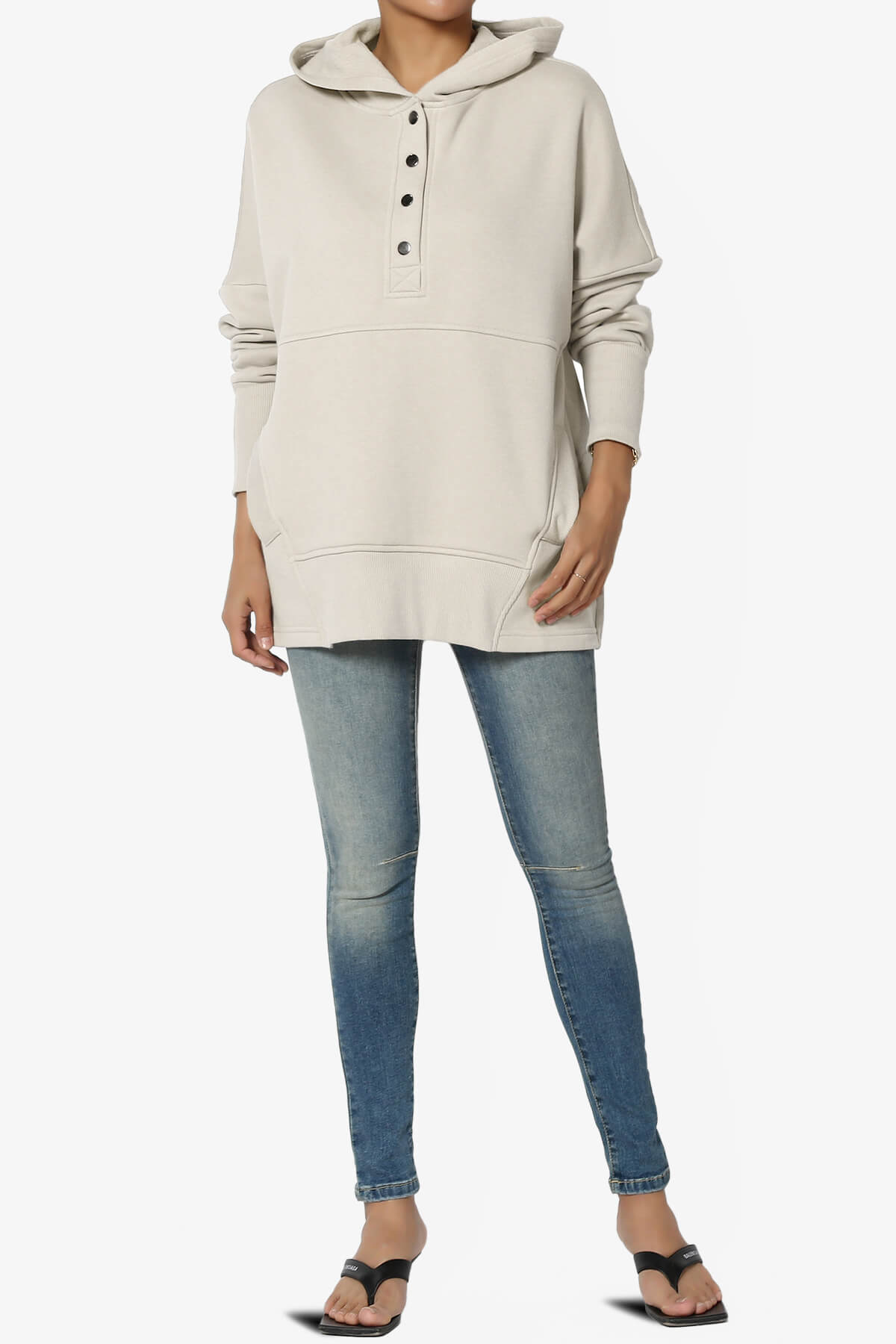 Destene Button V-Neck Hoodie SAND BEIGE_6