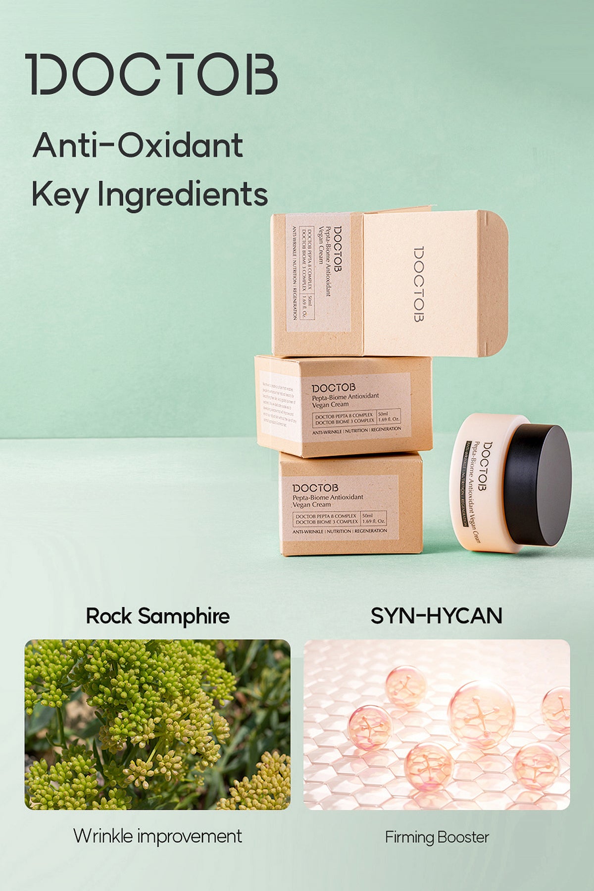 DOCTOB Pepta-Biome Antioxidant Vegan Cream 50ml/1.69 oz – Anti-Aging, Hydration & Skin Repair with Edelweiss Extract, 8 Peptides, 3 Types of Biome & Ceramide NP