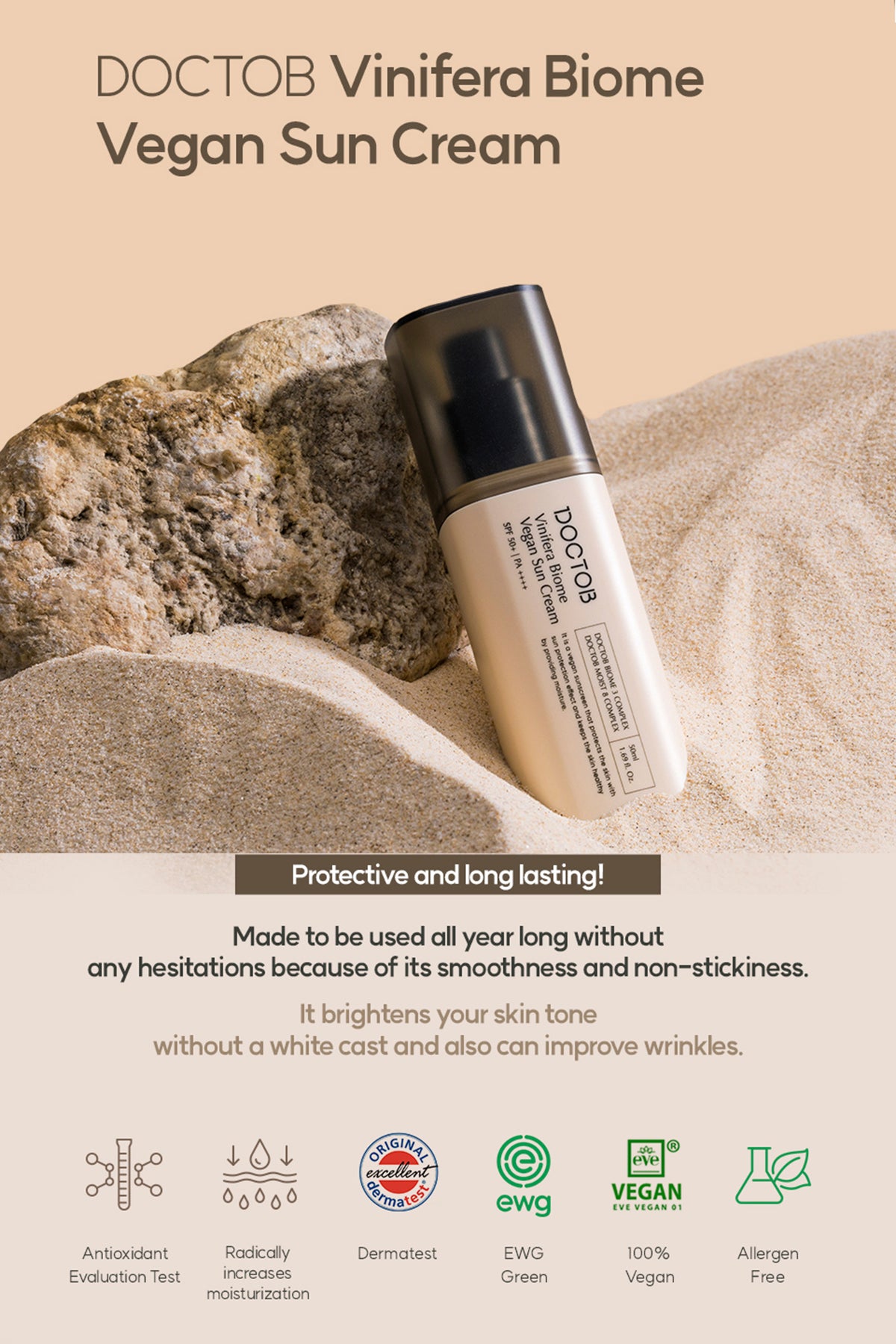 DOCTOB Vinifera Biome Vegan Sun Cream SPF 50+ PA ++++ 50ml Healthy Sunscreen