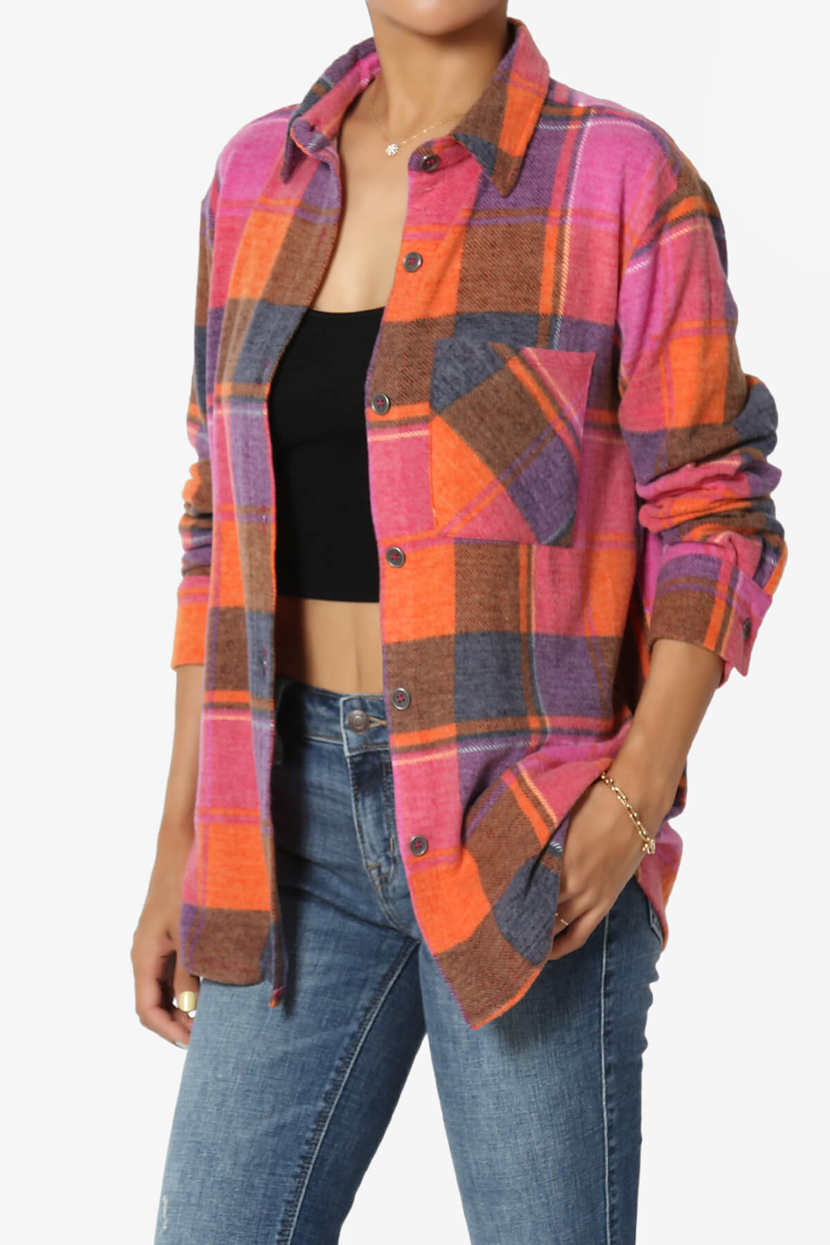 Everlie Soft Fleece Plaid Button Up Shirt MAGENTA_3