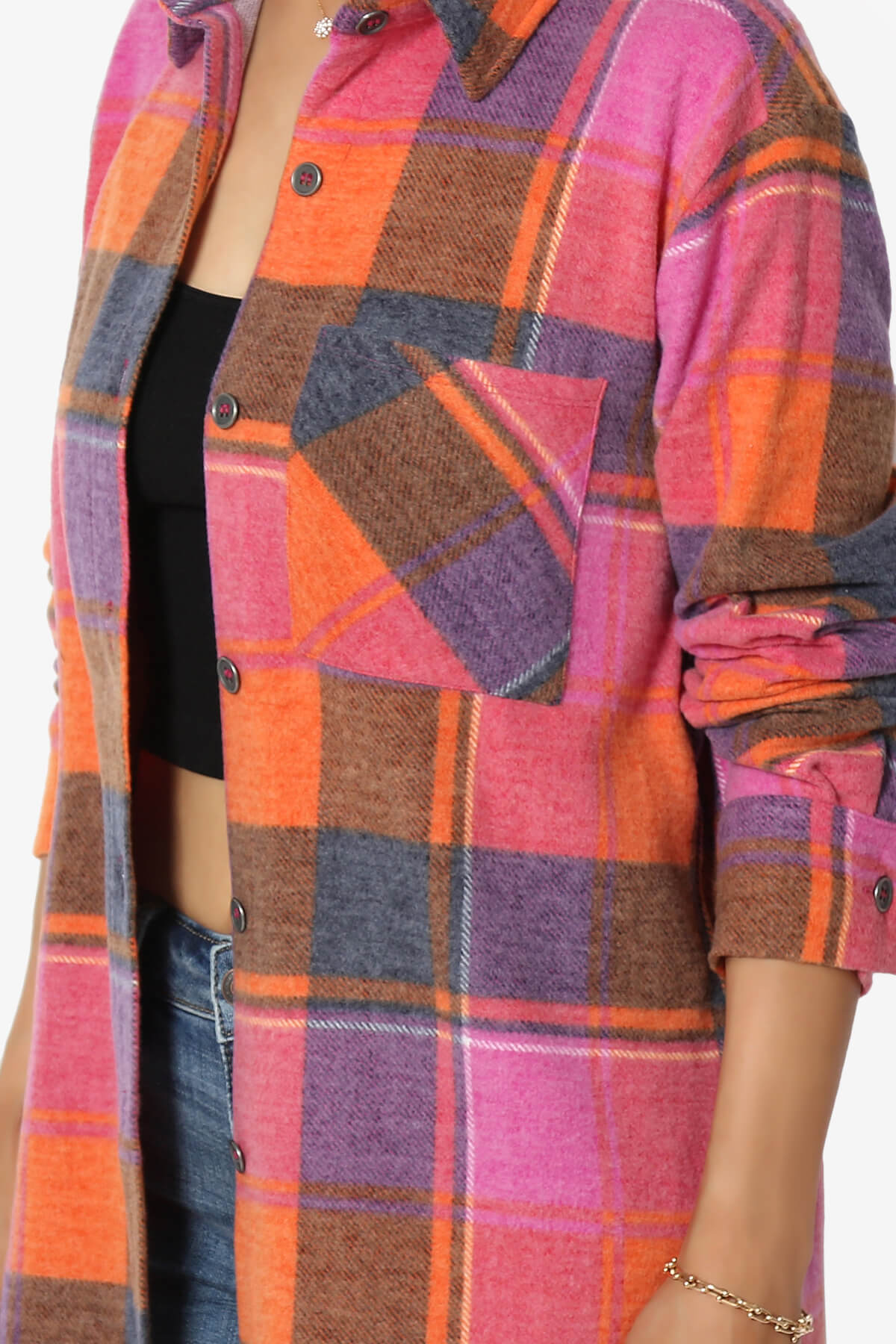 Everlie Soft Fleece Plaid Button Up Shirt MAGENTA_5