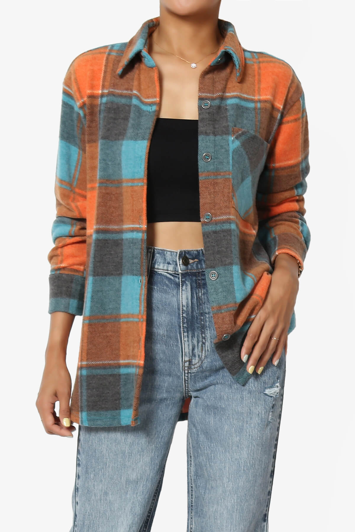 Everlie Soft Fleece Plaid Button Up Shirt TEAL_1