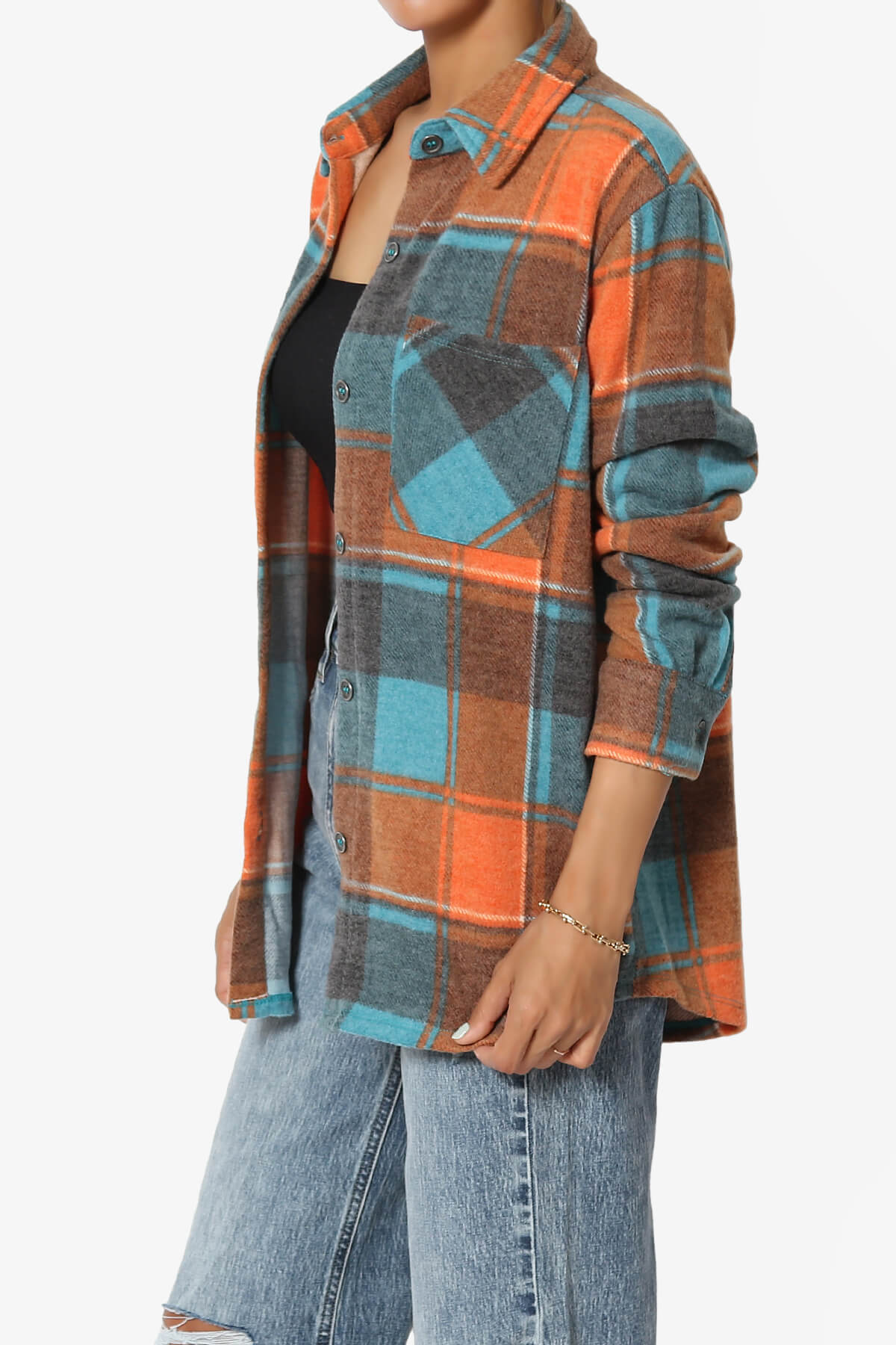 Everlie Soft Fleece Plaid Button Up Shirt TEAL_3