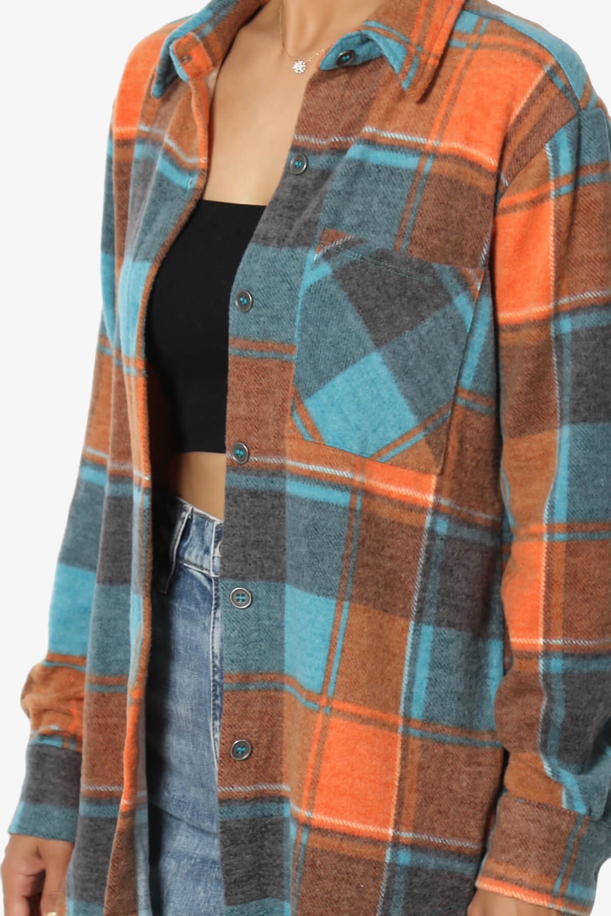 Everlie Soft Fleece Plaid Button Up Shirt TEAL_5