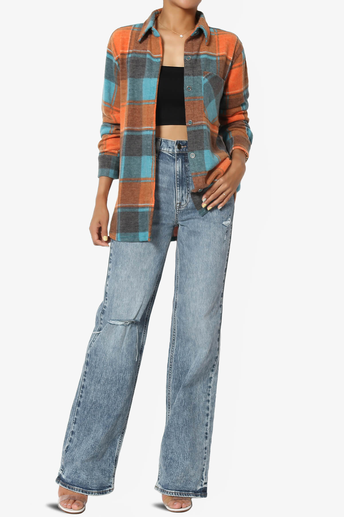 Everlie Soft Fleece Plaid Button Up Shirt TEAL_6