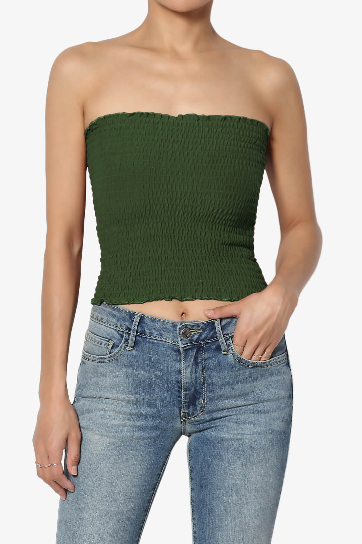 Faleece Smocked Crop Tube Top ARMY GREEN_1