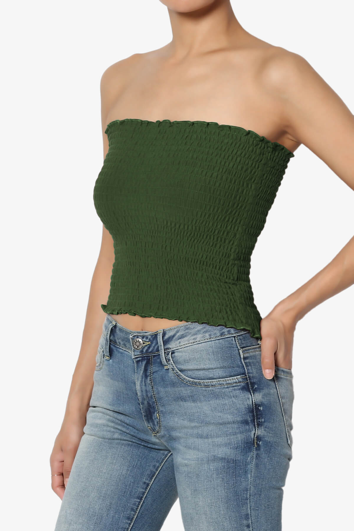 Faleece Smocked Crop Tube Top ARMY GREEN_3