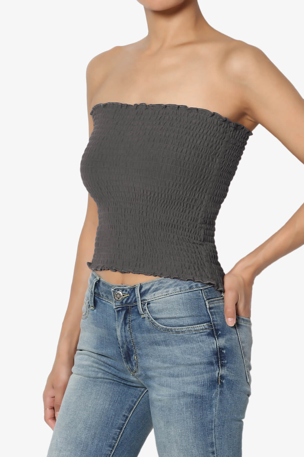Faleece Smocked Crop Tube Top ASH GREY_3