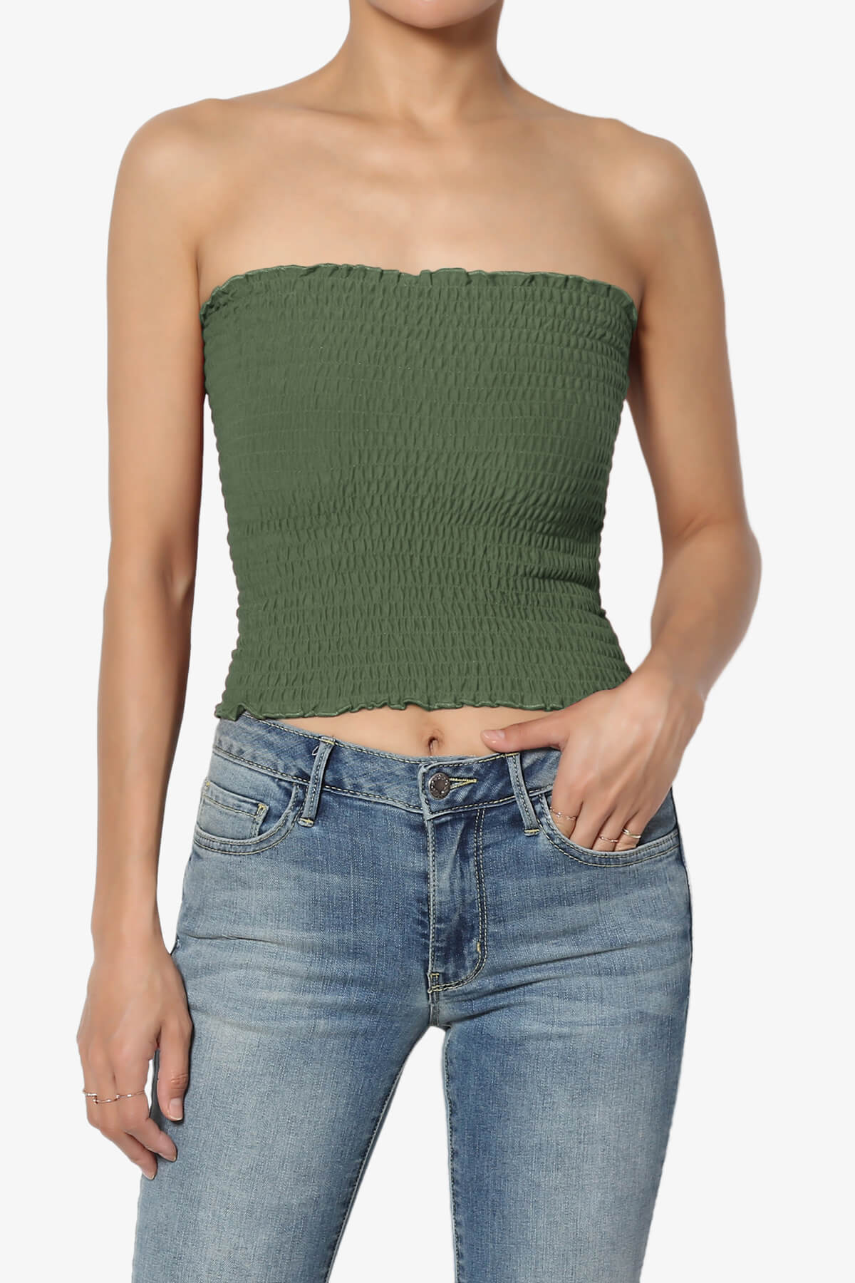 Faleece Smocked Crop Tube Top ASH OLIVE_1