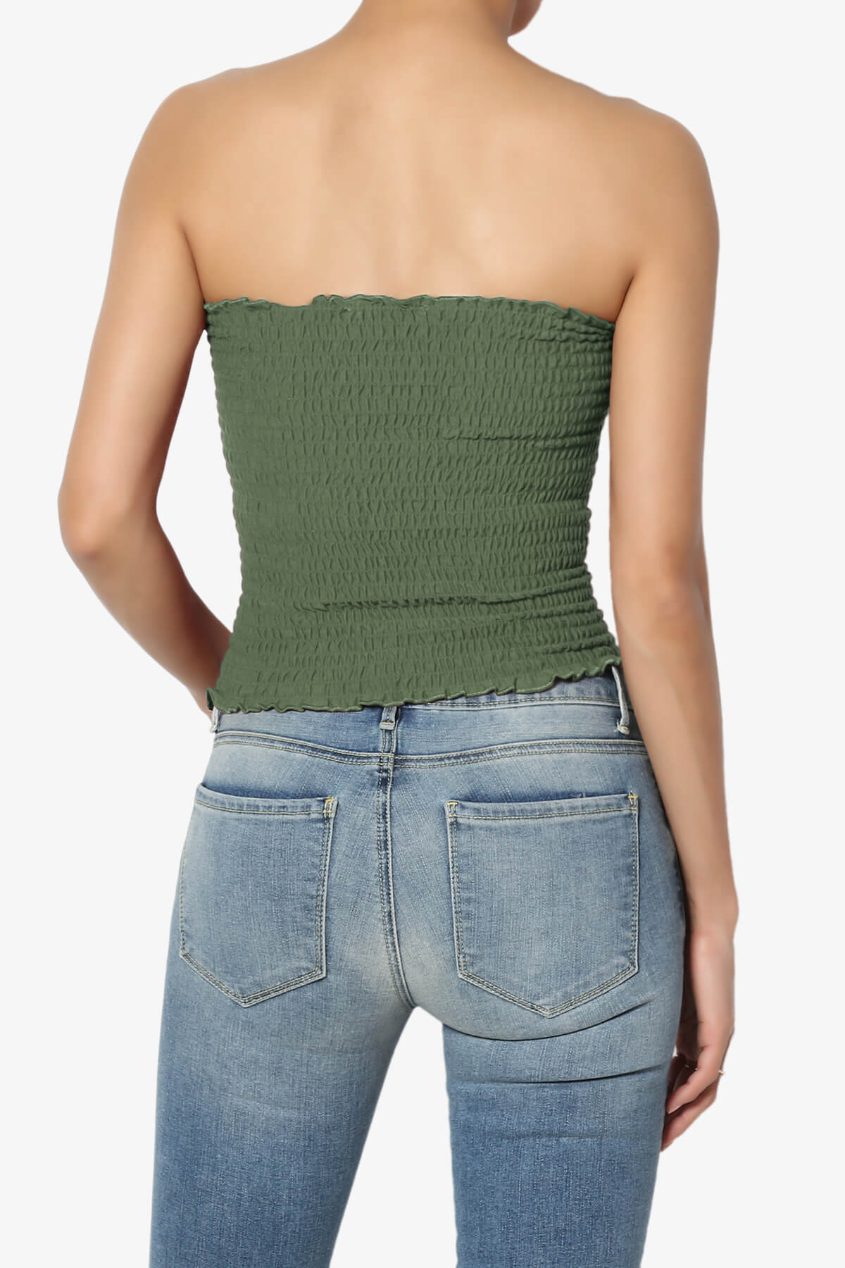 Faleece Smocked Crop Tube Top ASH OLIVE_2