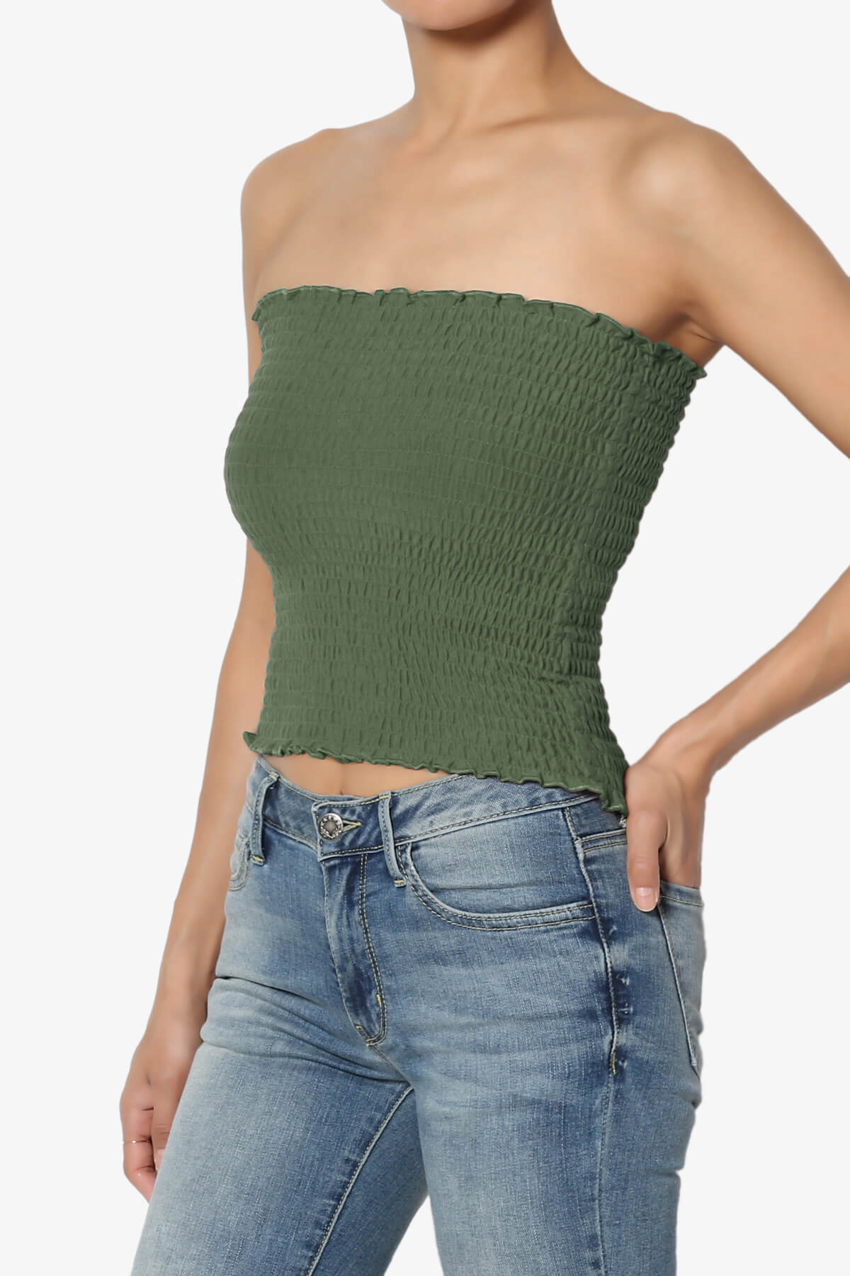 Faleece Smocked Crop Tube Top ASH OLIVE_3