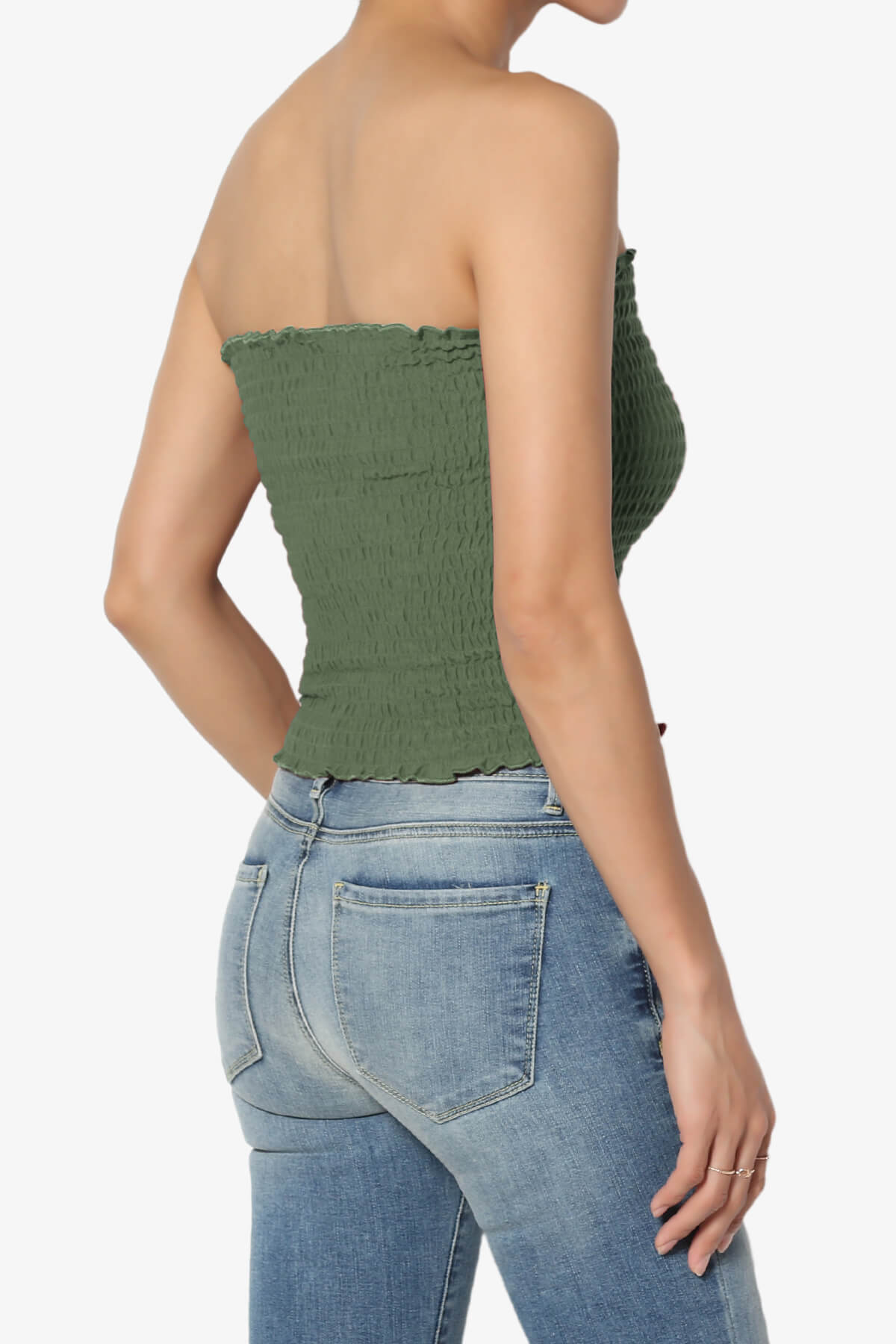 Faleece Smocked Crop Tube Top ASH OLIVE_4