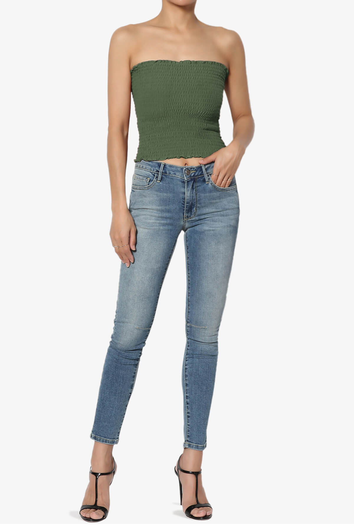 Faleece Smocked Crop Tube Top ASH OLIVE_6