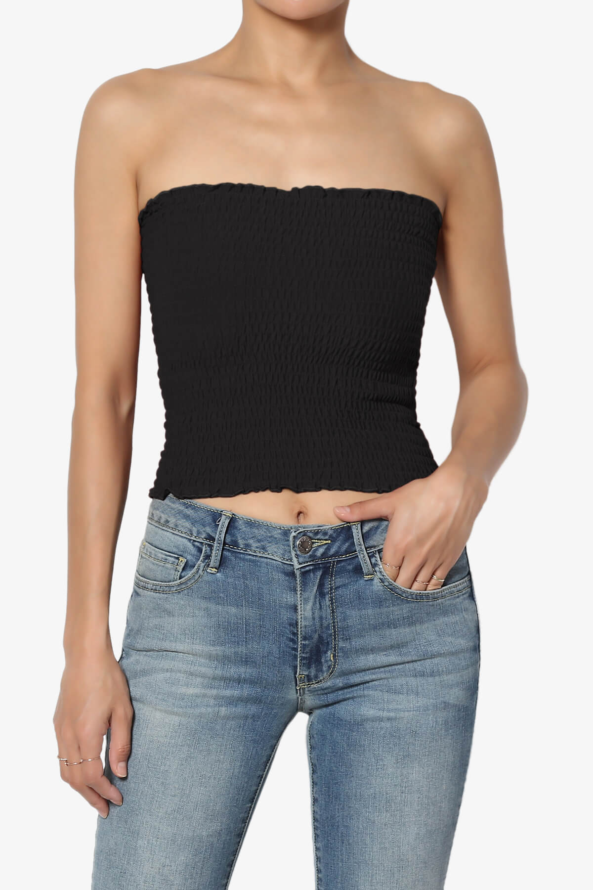 Faleece Smocked Crop Tube Top BLACK_1