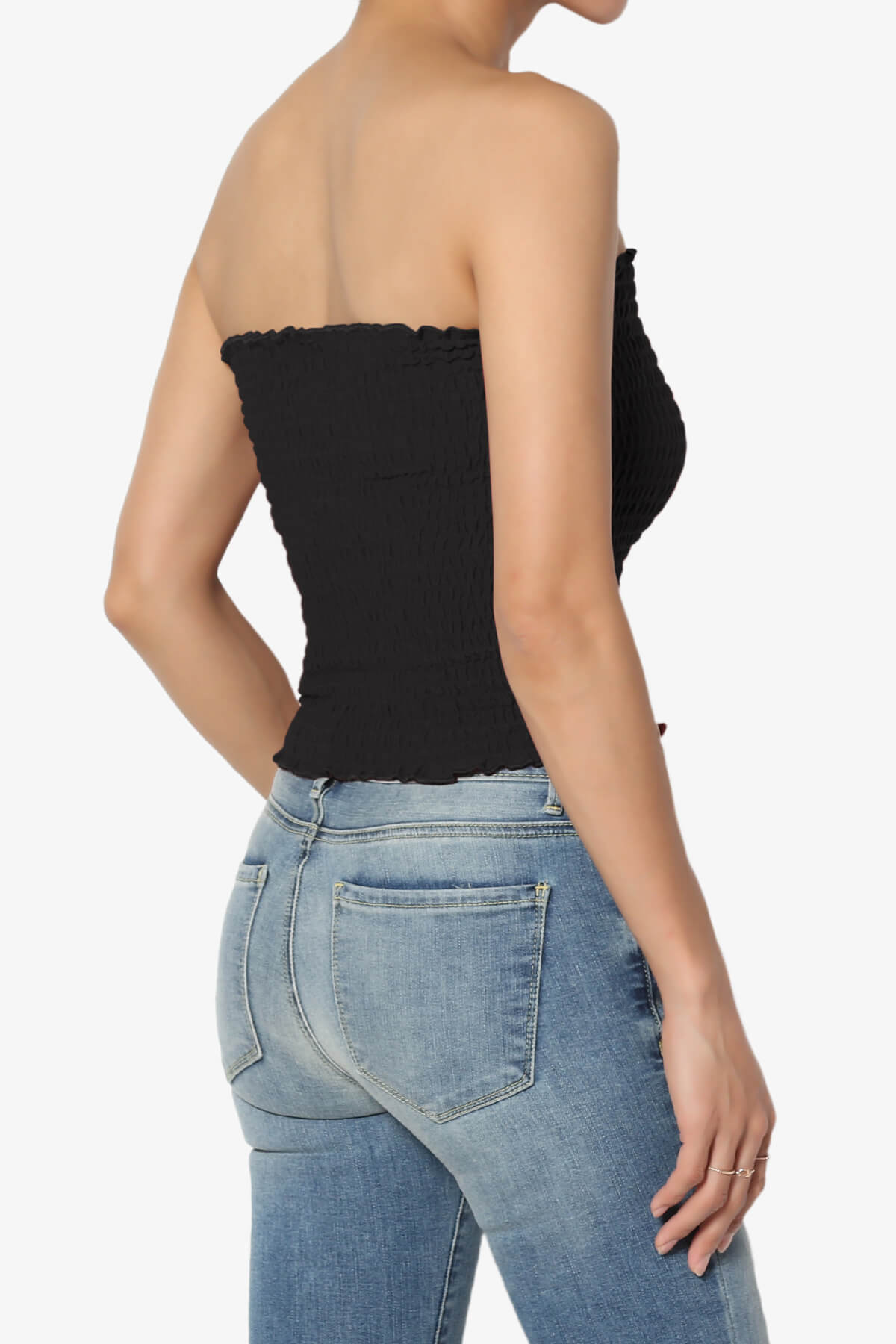 Faleece Smocked Crop Tube Top BLACK_4