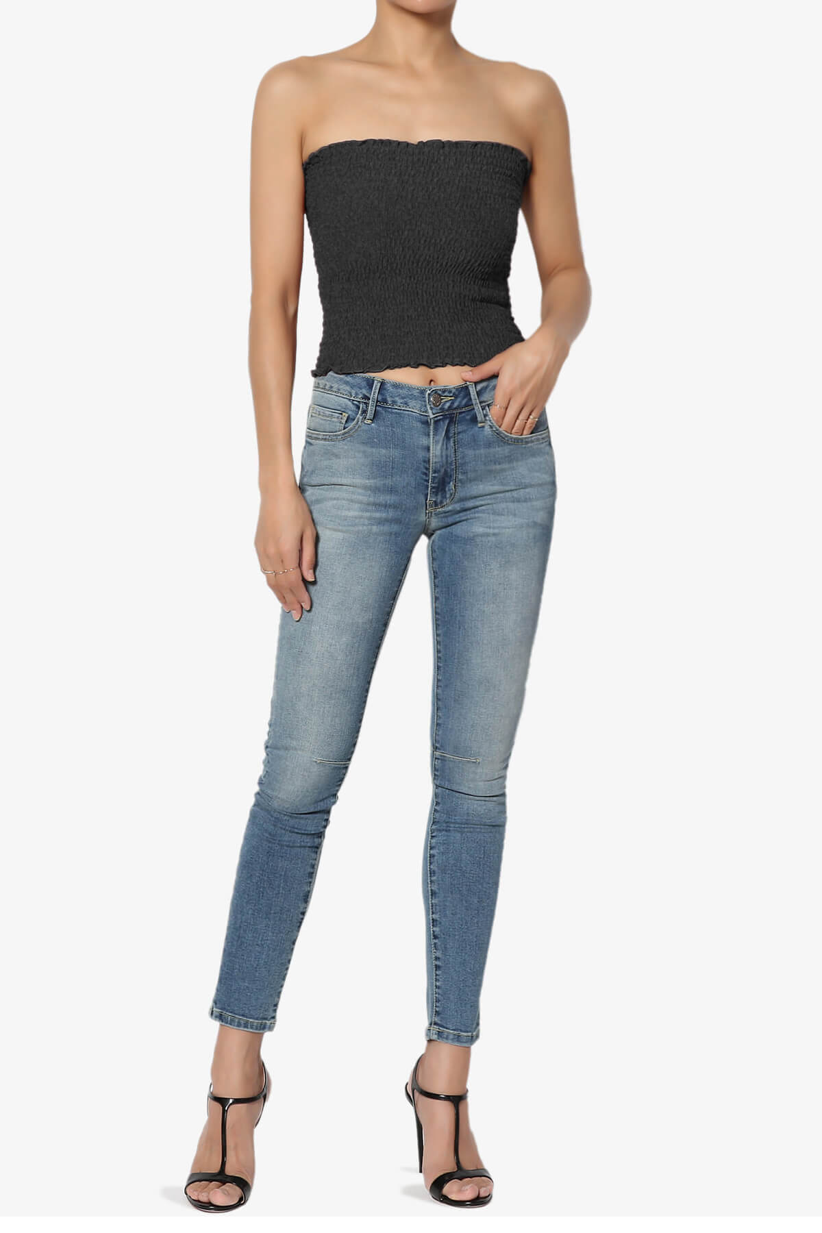 Faleece Smocked Crop Tube Top CHARCOAL_6