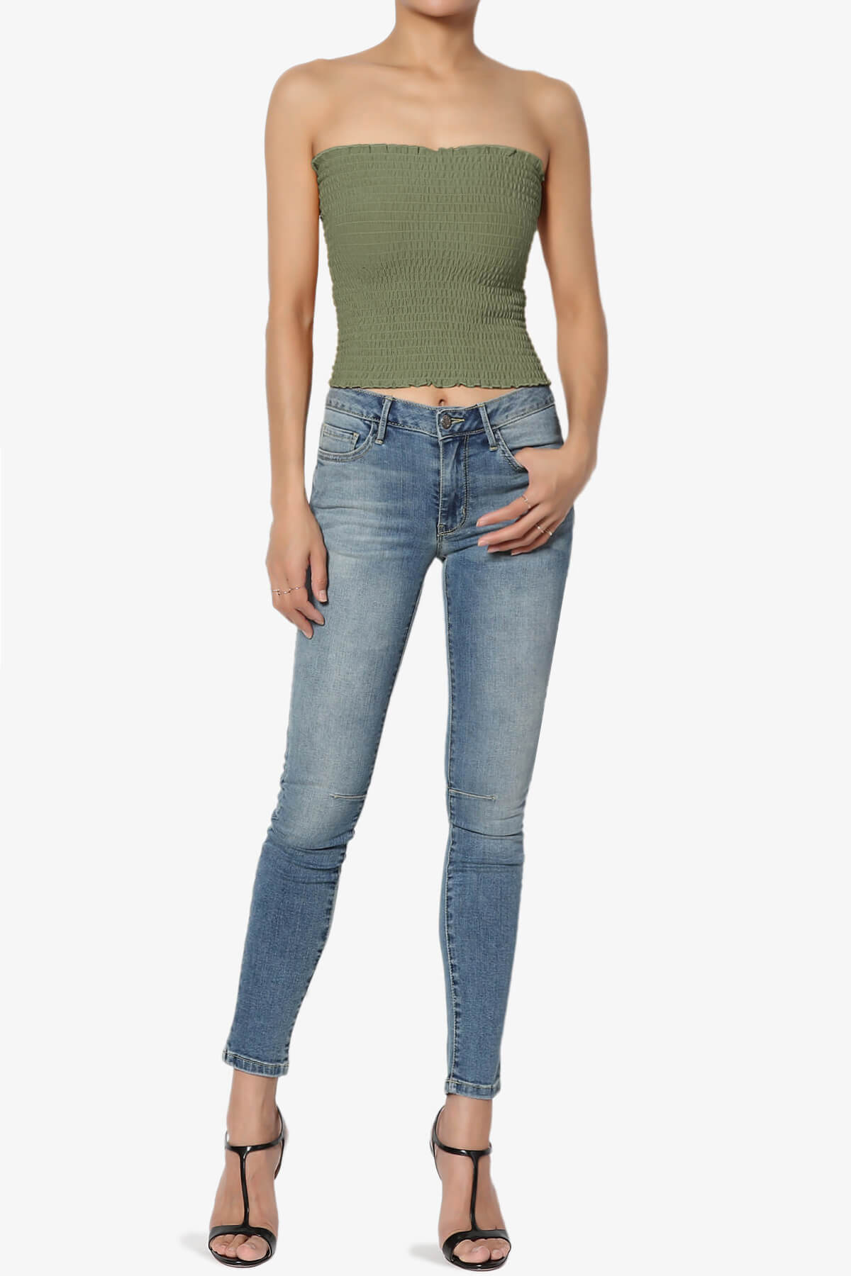 Faleece Smocked Crop Tube Top DUSTY OLIVE_6