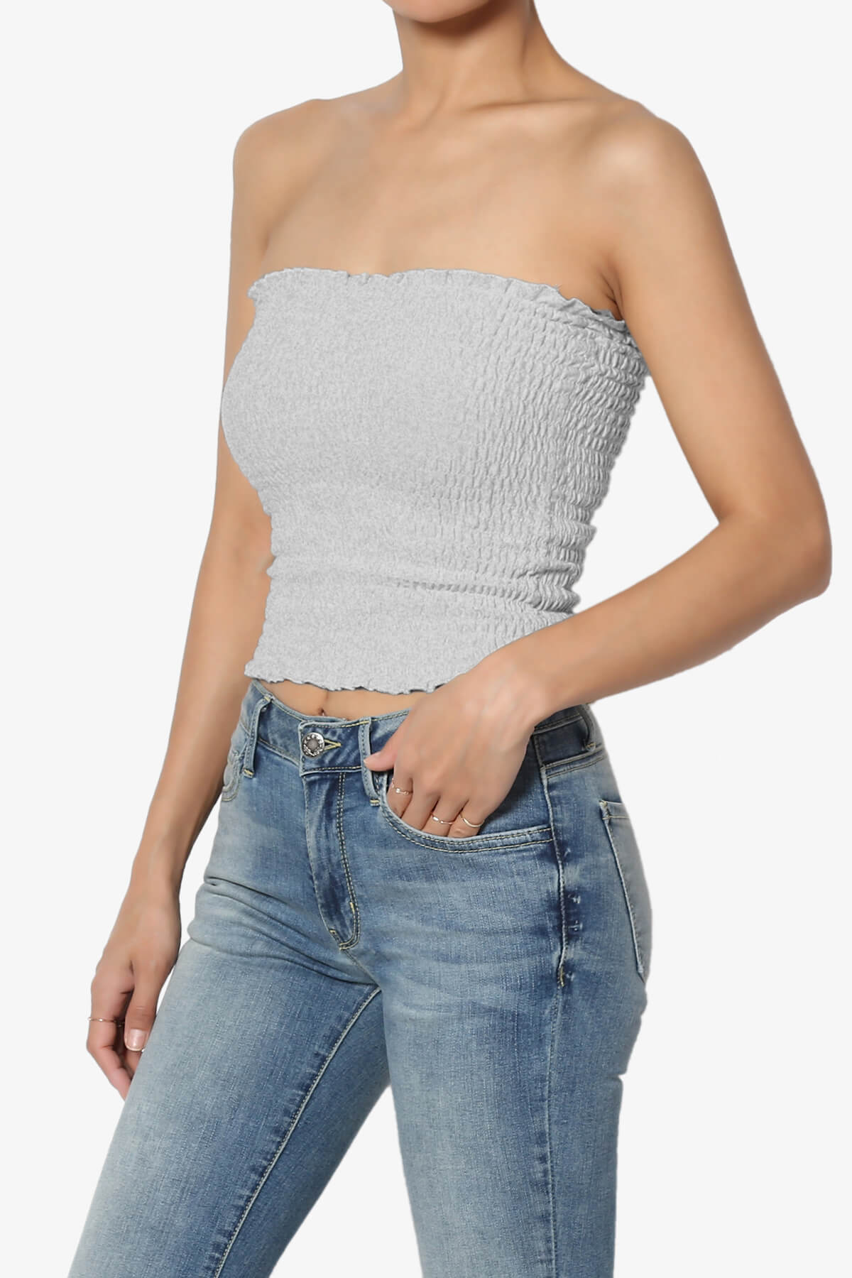 Faleece Smocked Crop Tube Top HEATHER GREY_3