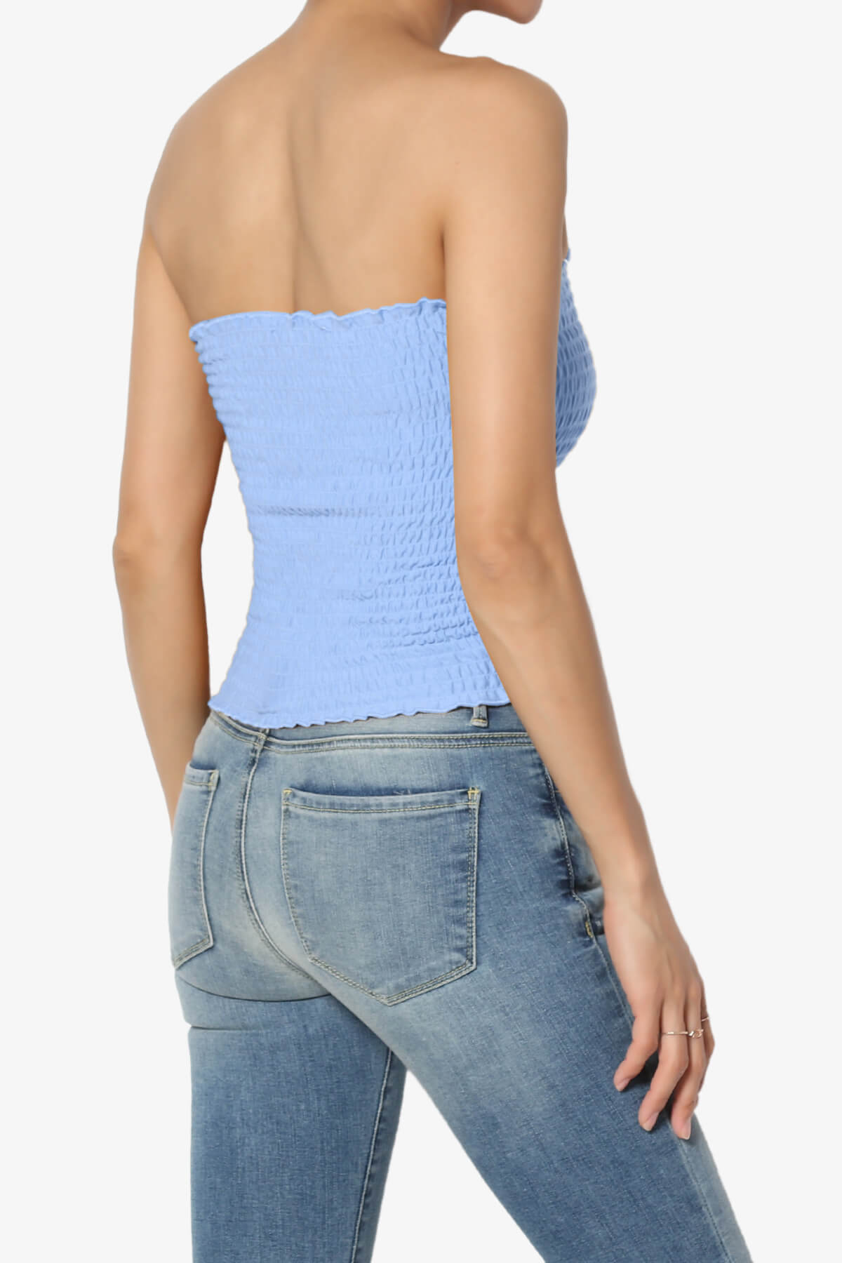 Faleece Smocked Crop Tube Top LIGHT BLUE_4