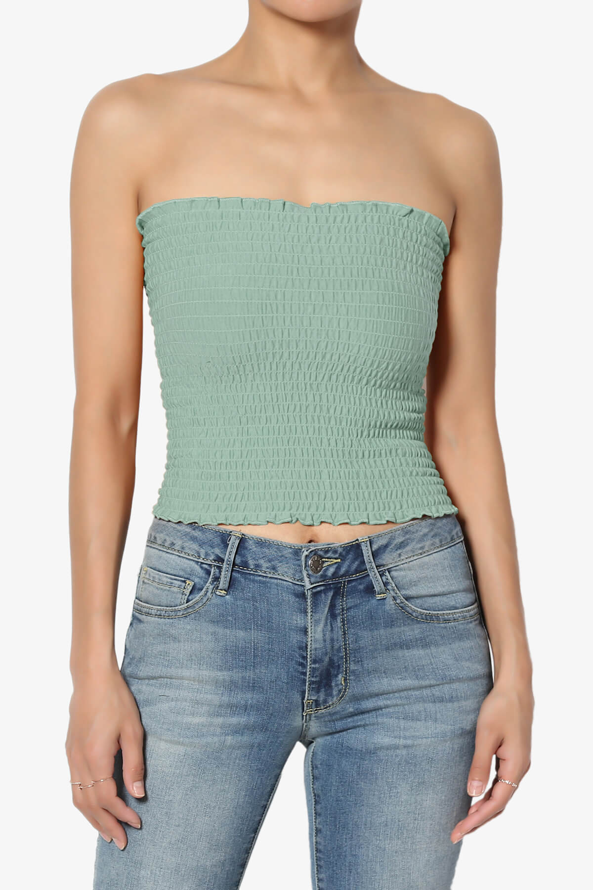 Faleece Smocked Crop Tube Top LIGHT GREEN_1