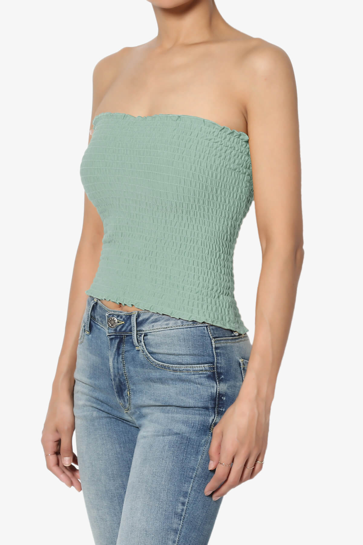 Faleece Smocked Crop Tube Top LIGHT GREEN_3