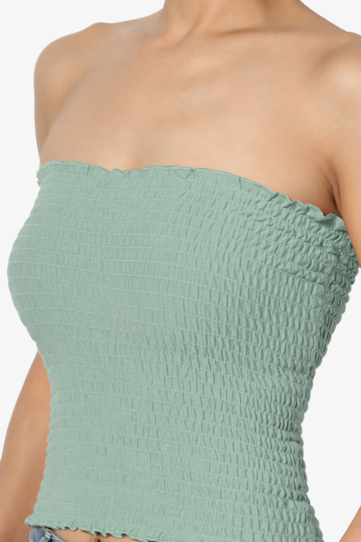 Faleece Smocked Crop Tube Top LIGHT GREEN_5