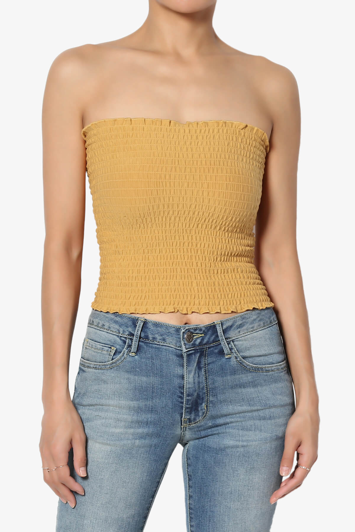 Faleece Smocked Crop Tube Top LIGHT MUSTARD_1