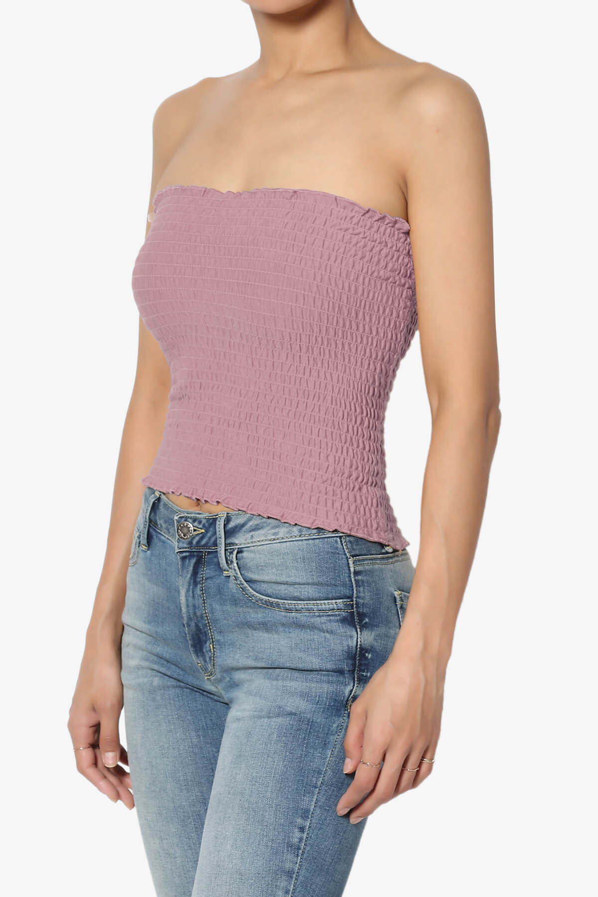 Faleece Smocked Crop Tube Top LIGHT ROSE_3