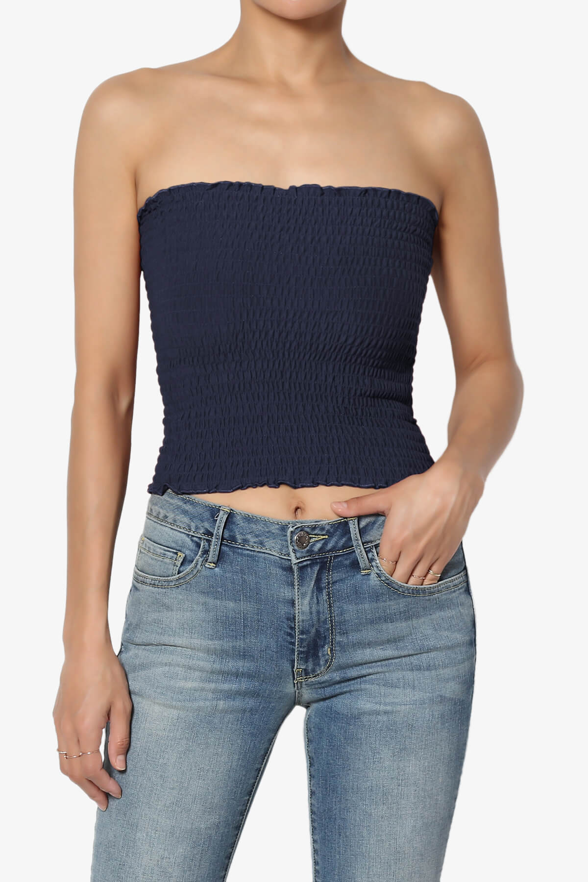 Faleece Smocked Crop Tube Top NAVY_1