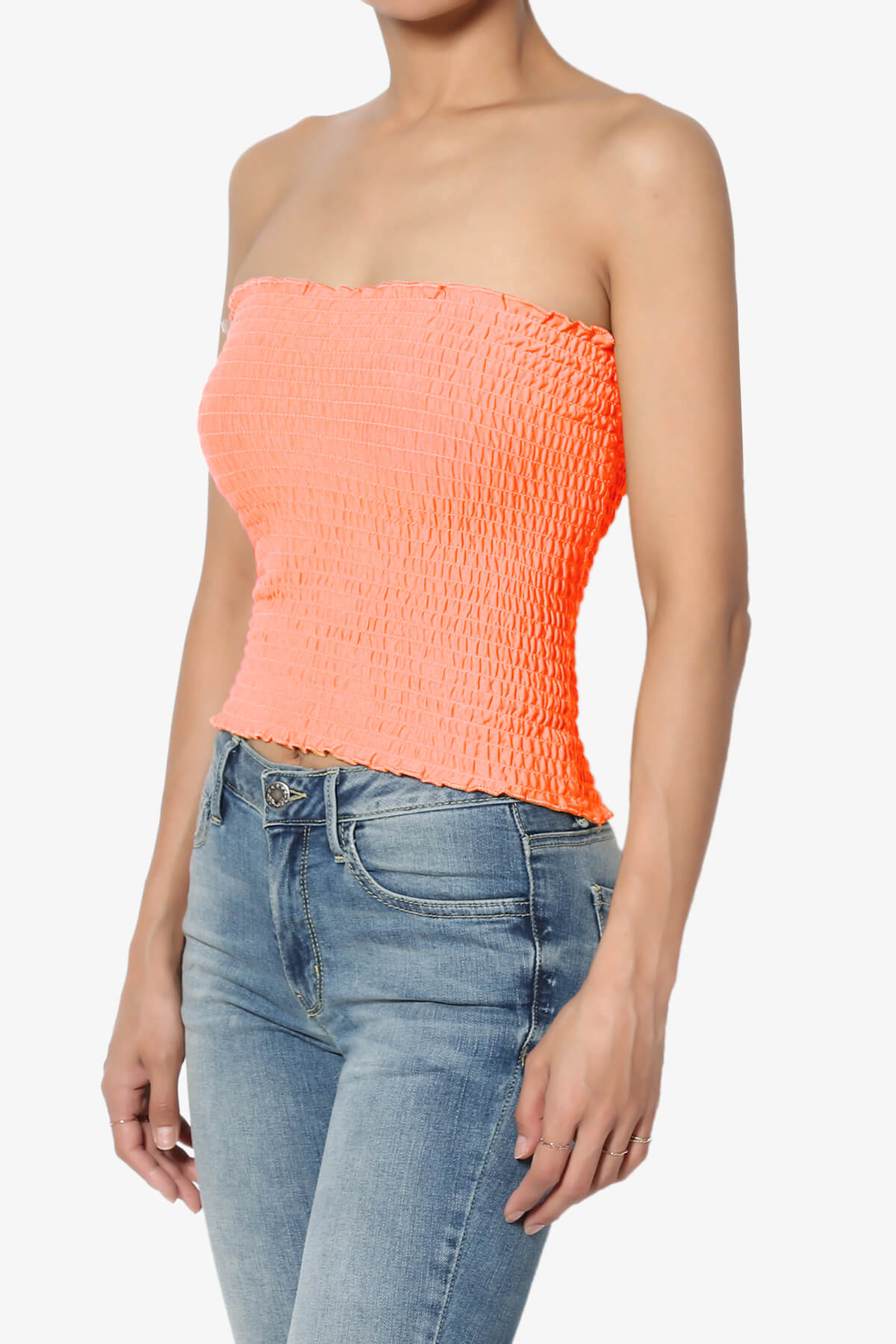 Faleece Smocked Crop Tube Top NEON CORAL_3