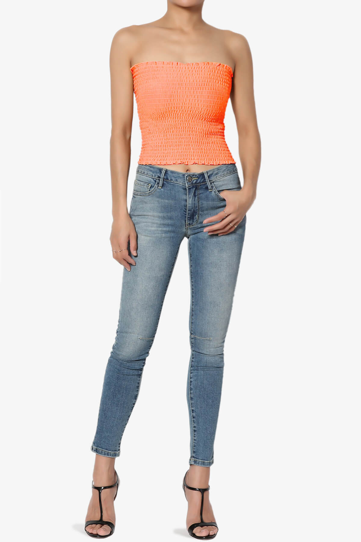 Faleece Smocked Crop Tube Top NEON CORAL_6
