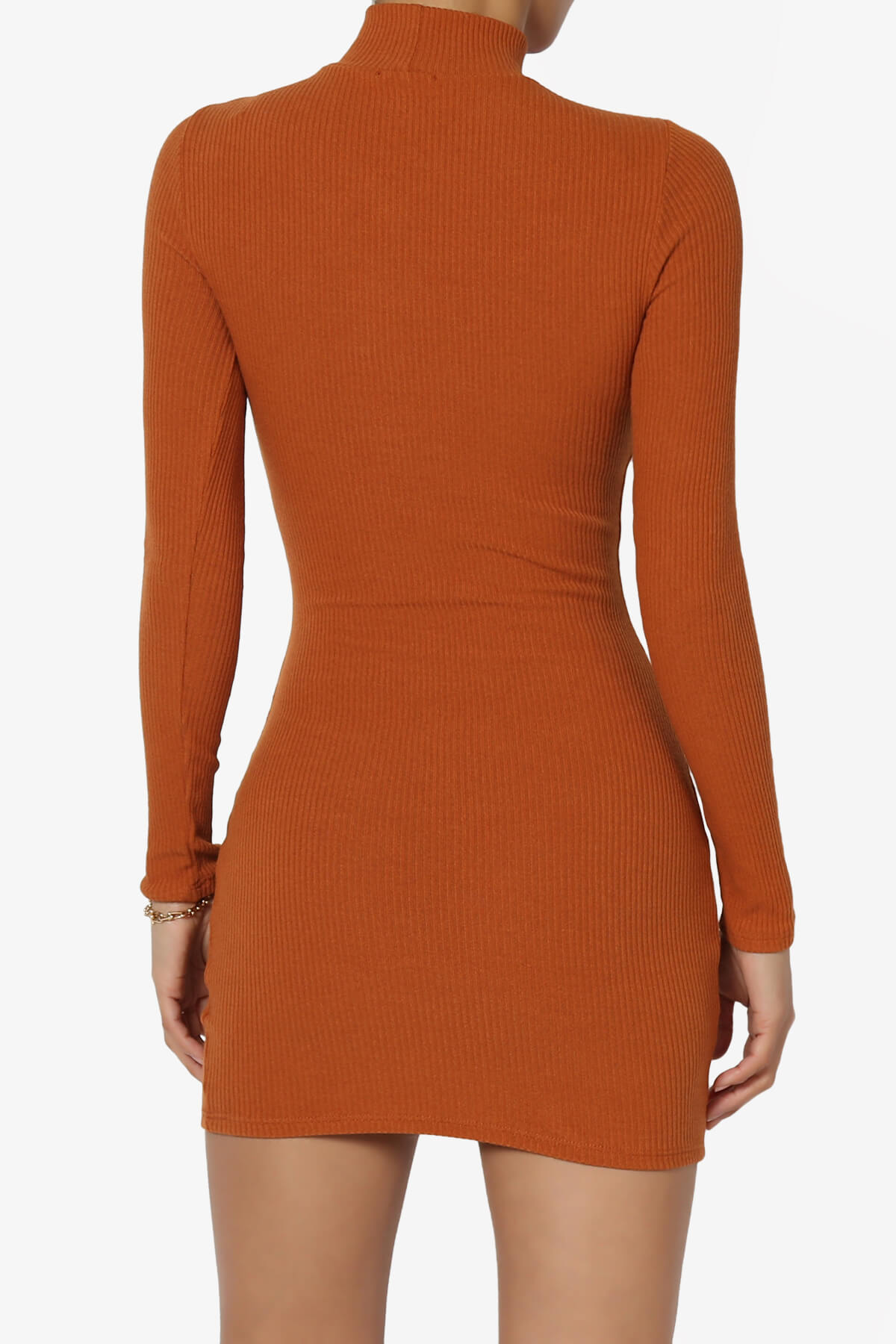 Fiorra Cutout Mock Neck Bodycon Ribbed Mini Dress CARAMEL_2