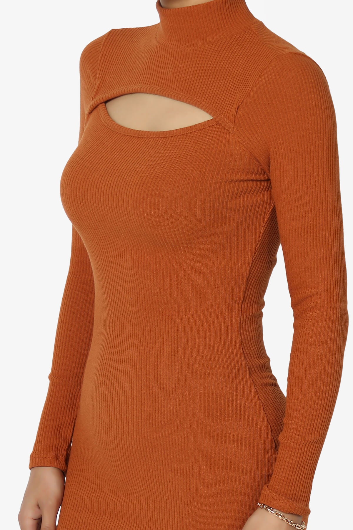 Fiorra Cutout Mock Neck Bodycon Ribbed Mini Dress CARAMEL_5