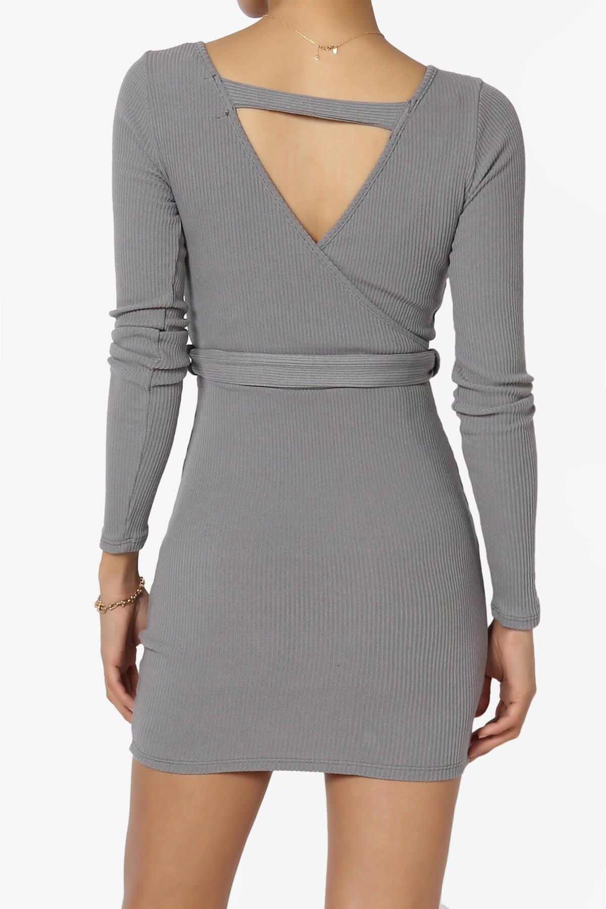 Fiorra Wrap V-Neck Bodycon Knitted Mini Dress DARK GREY_2
