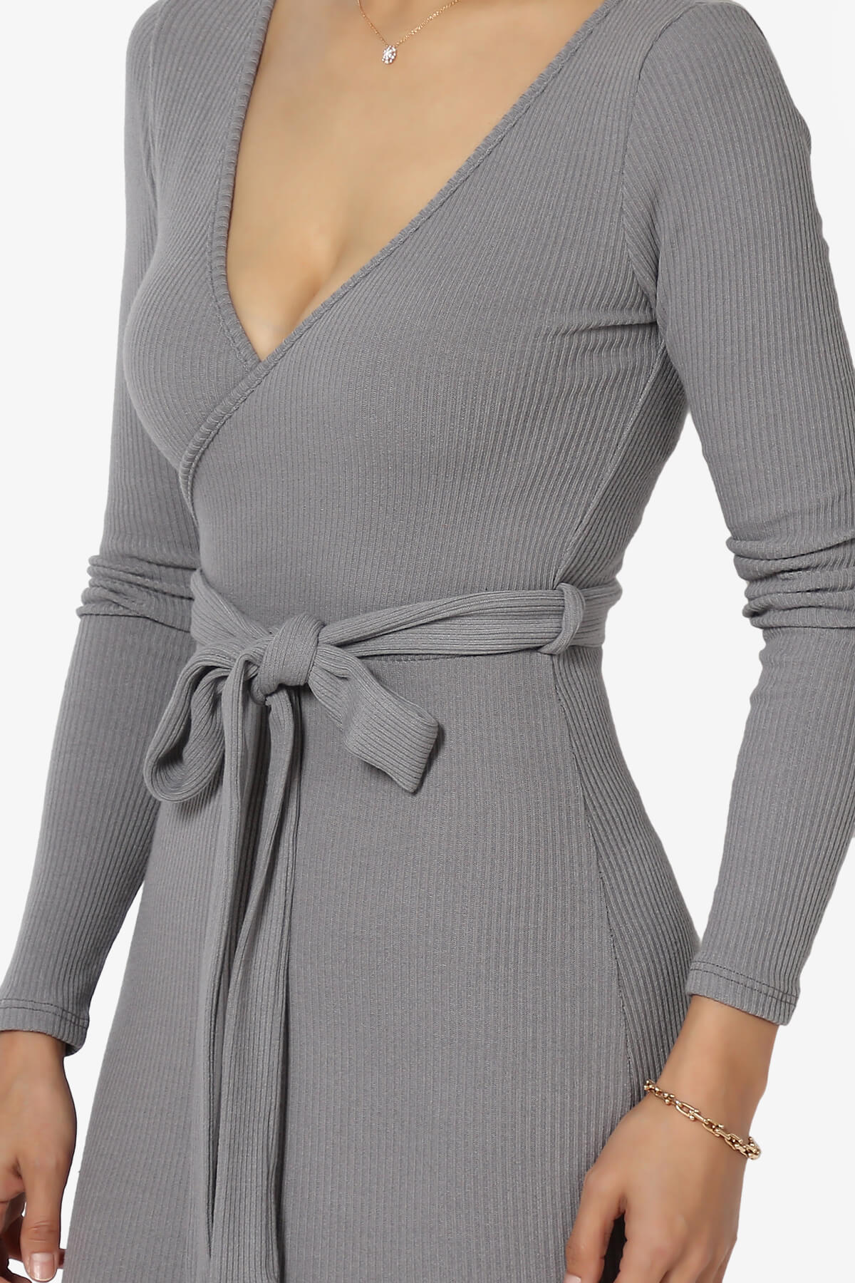 Fiorra Wrap V-Neck Bodycon Knitted Mini Dress DARK GREY_5