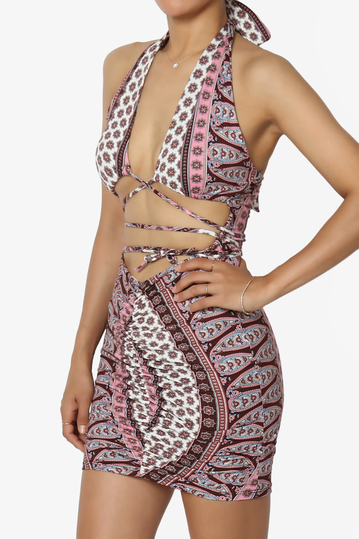 Fortunate Printed Halter Cut Out Bodycon Mini Dress BLUSH_3